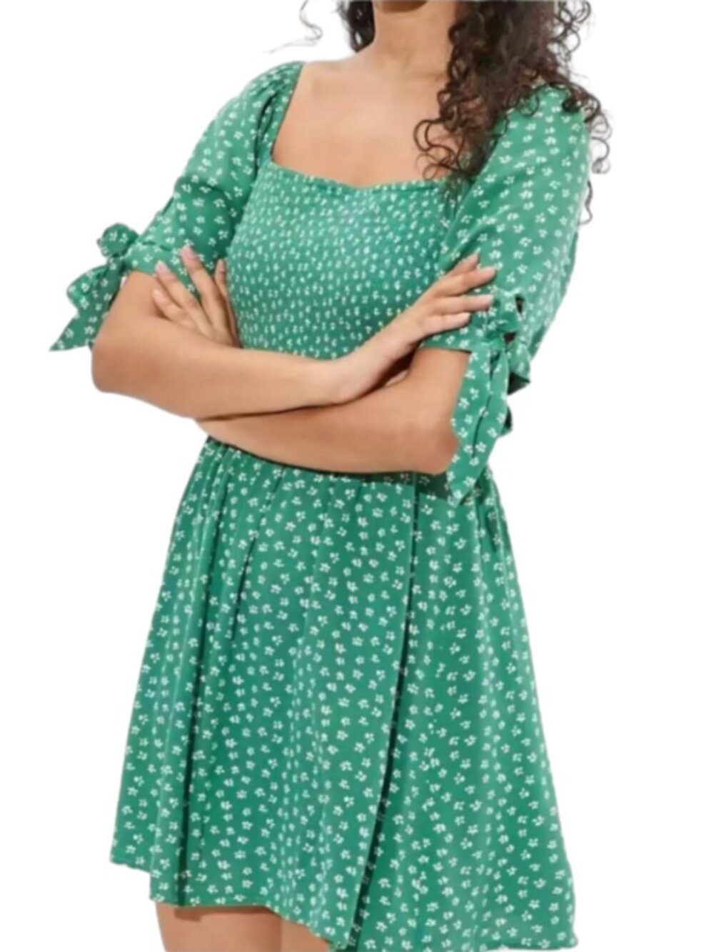 American Eagle Floral Smocked Mini Dress Large Puff Sleeve Tie Detail Green - Picture 1 of 8